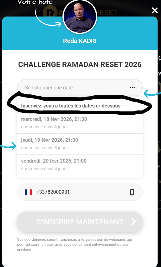 Capture d'écran du formulaire — cliquez sur 'Inscrivez-vous à toutes les dates ci-dessous'